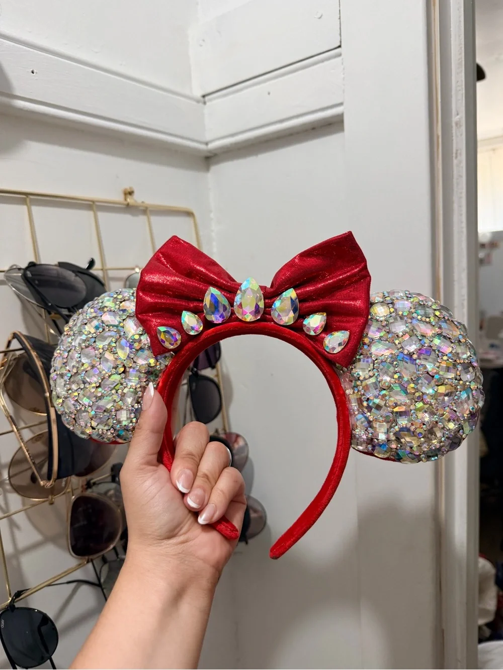 Red Sequin Minnie Mouse Disney Style Ear Headband with Iridescent Gems